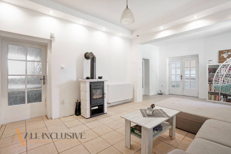 Living room in a family house with a wood-burning stove, a sofa, and a bookshelf.