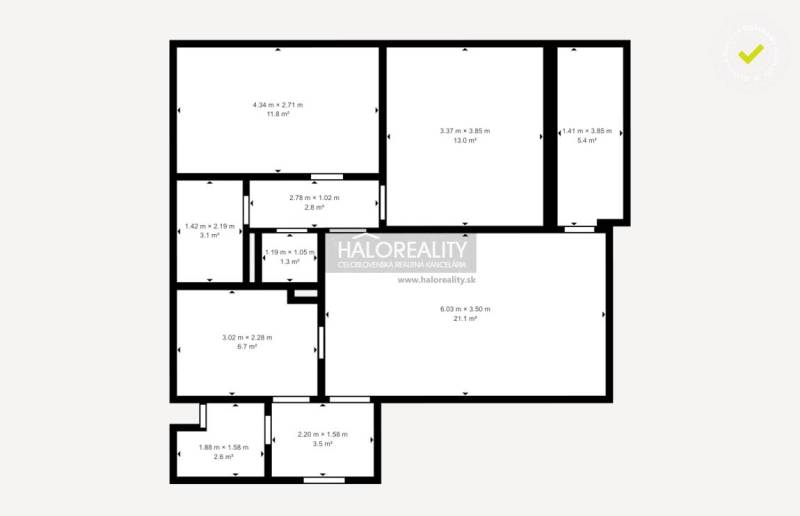 A floor plan of an apartment with three rooms, a kitchen, and other spaces for practical living.
