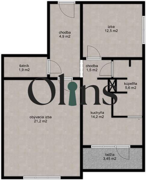 Floor plan of a 2-room apartment with a hallway, living room, kitchen, bathroom, closet, and loggia.