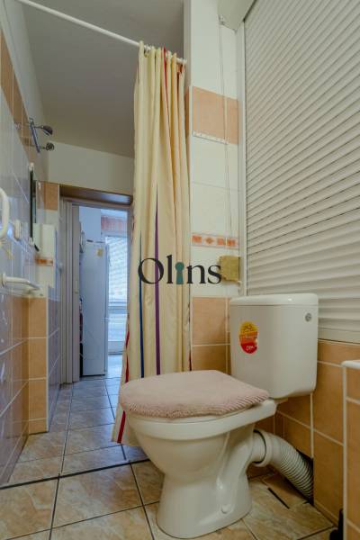 Bathroom with a shower curtain and a toilet in a 2-room apartment.