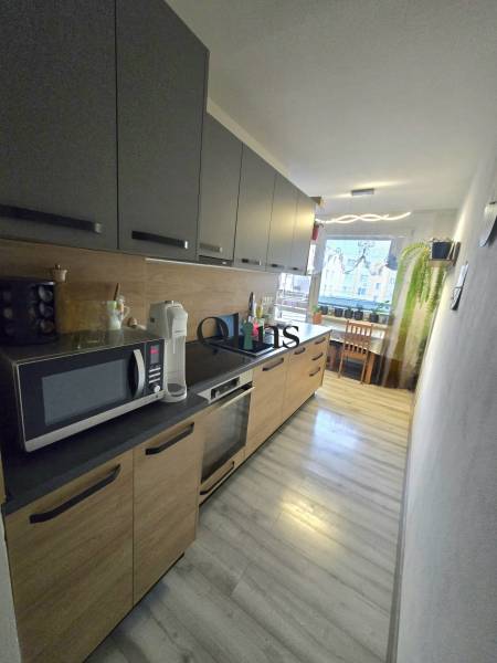 A kitchen in a 2-room apartment with dark cabinets, a microwave, and outdoor lighting.