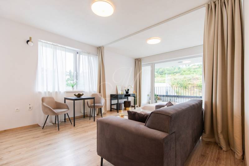 A bright room with a sofa, dining table, and large window in a studio apartment.