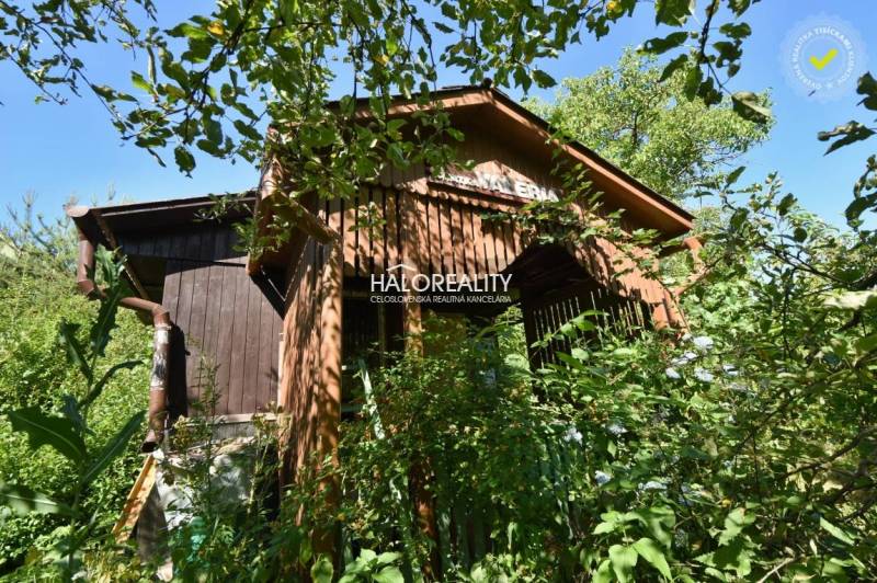 A wooden cottage in the gardens of Nová Baňa, surrounded by lush vegetation and a blue sky.