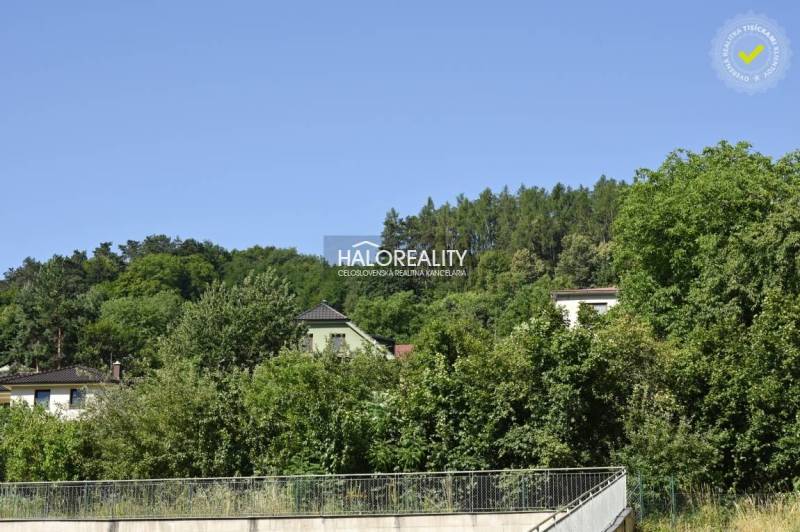 Trees and houses in the Gardens in Nová Baňa, with a clear blue sky in the background.