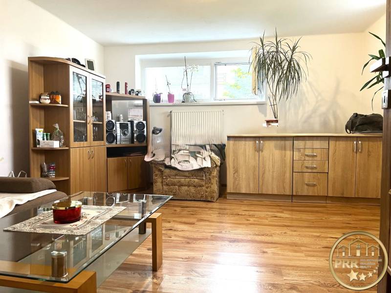 Living room in a family house: wooden furniture, sofa, flowers, audio equipment, glass table.
