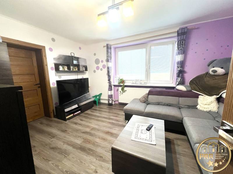 Living room in a family house with purple walls, a sofa, and a TV on the wall.
