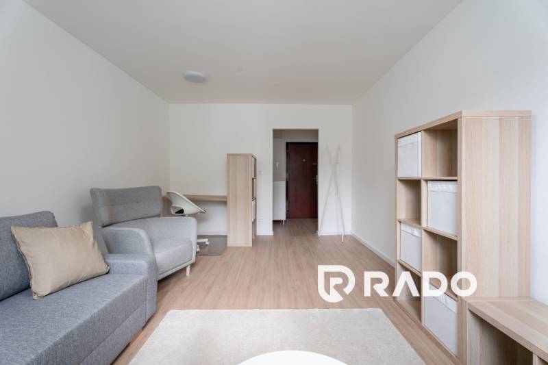 Living room in a 3-room apartment with a sofa and an armchair, neutral color tones.