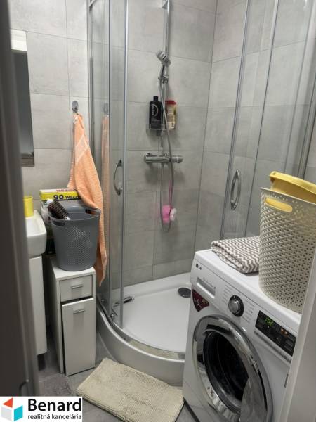 A compact bathroom in a studio apartment with a washing machine and a shower.
