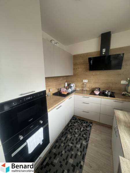 A kitchen in a studio apartment with modern equipment and wooden details.