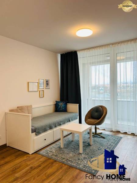 Cozy living corner of a studio apartment, with a comfortable armchair and sofa.