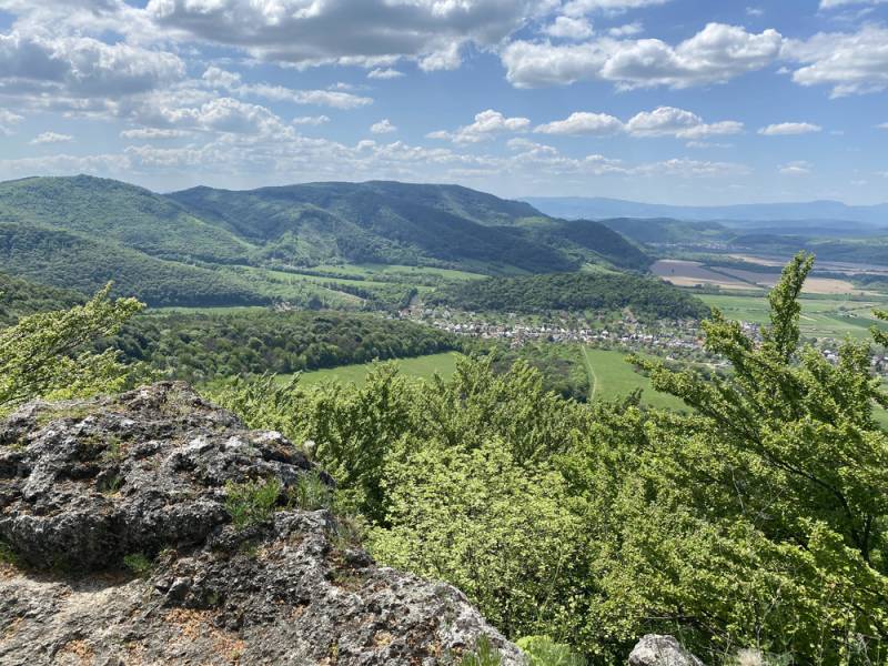 View of agricultural and forest lands around the town of Humenné with a mountain panorama.