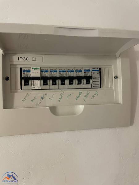Electrical distribution box in a 3-room apartment with circuit breaker descriptions.