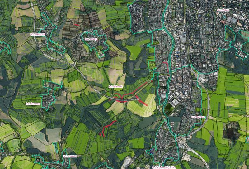 The aerial map shows areas around Žilina, including municipal boundaries and agricultural landscape.