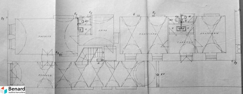 Floor plan of a building with offices, a store, and warehouses. Architectural design.