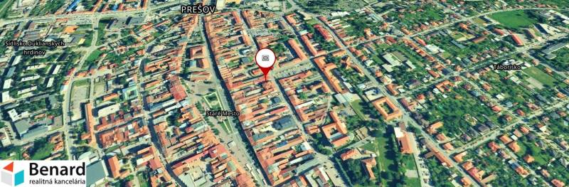 Aerial view of buildings on Slovenská Street in Prešov, Old Town.