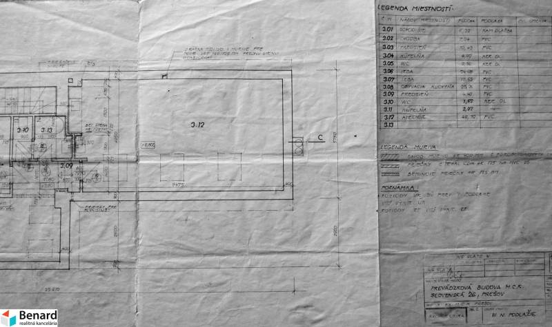 Building plan on Slovenská Street in Prešov with details of rooms and walls.