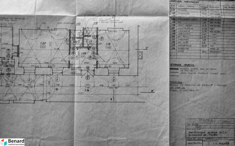 Technical drawing of the operational building on Slovenská Street in Prešov with details of the rooms.