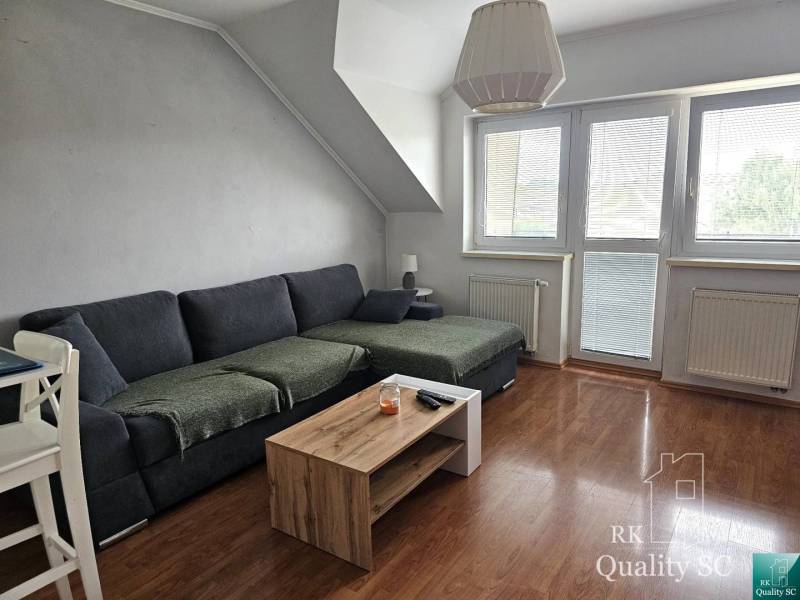 A bright living room in a three-room apartment with a dark sofa and a wooden coffee table.
