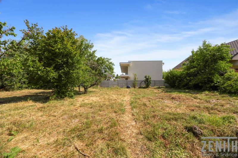 A plot in Dobrohošť for living with trees and neighboring houses in the background.
