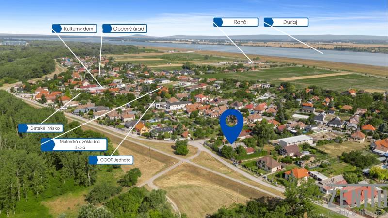 Aerial view of the village Dobrohošť with marked local facilities. Land - housing.