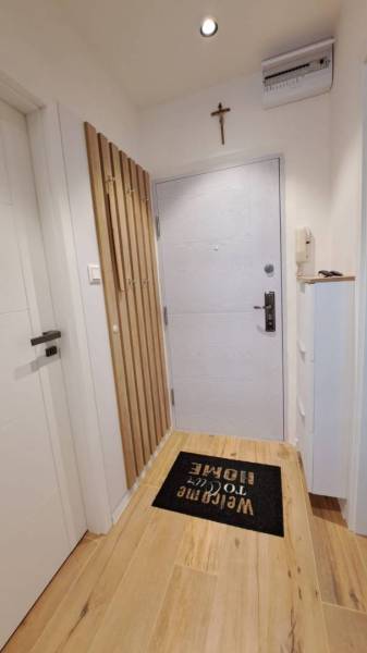 Entrance hallway in a 2-room apartment, with a doormat and wooden floor.