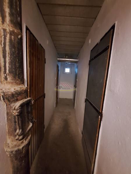 A narrow corridor with wooden and metal doors, probably a basement in a 3-room apartment.
