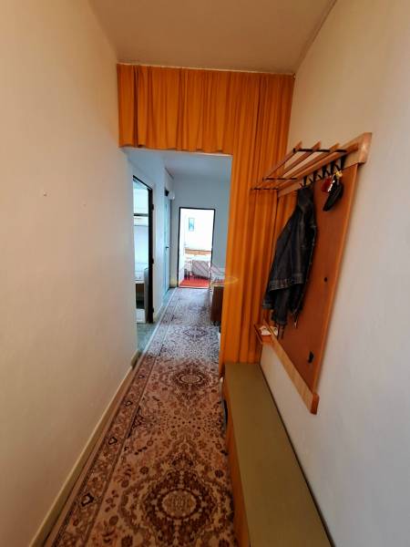 A hallway in a 3-room apartment with a curtain, carpet, and wall-mounted coat rack.
