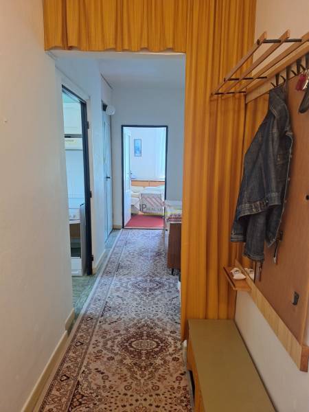 A hallway in a 3-room apartment with a carpet, a coat rack, and a view into a room.