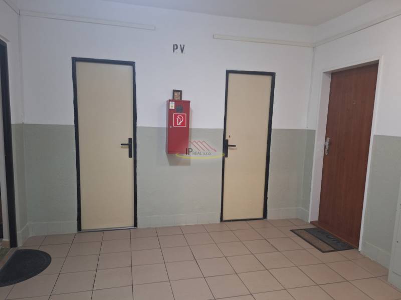 A hallway with doors and a fire hydrant in a 3-room apartment.