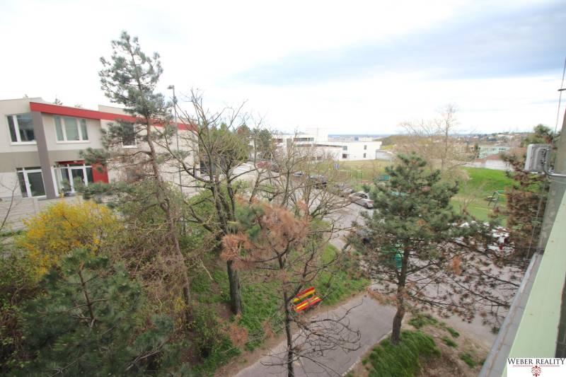 View from a 3-room apartment on Na Revíne Street in Bratislava - Kramáre, surrounded by greenery.