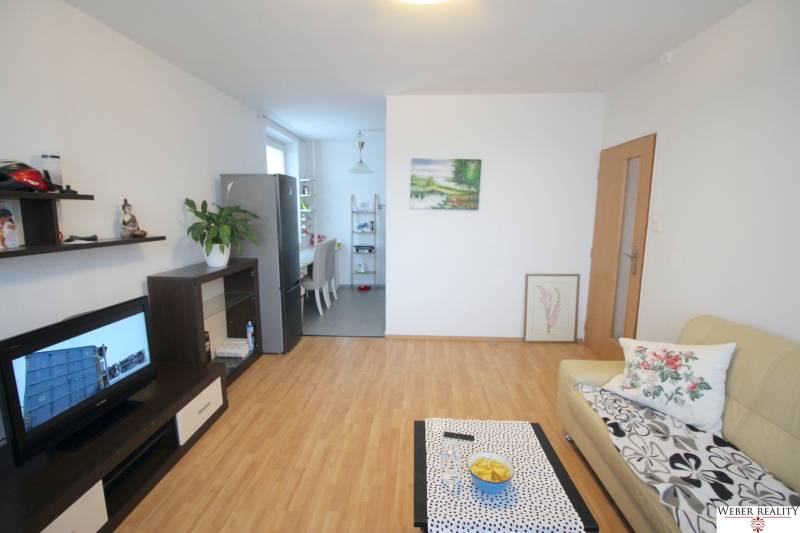 Living room in a 3-room apartment with a television, sofa, and dining area.