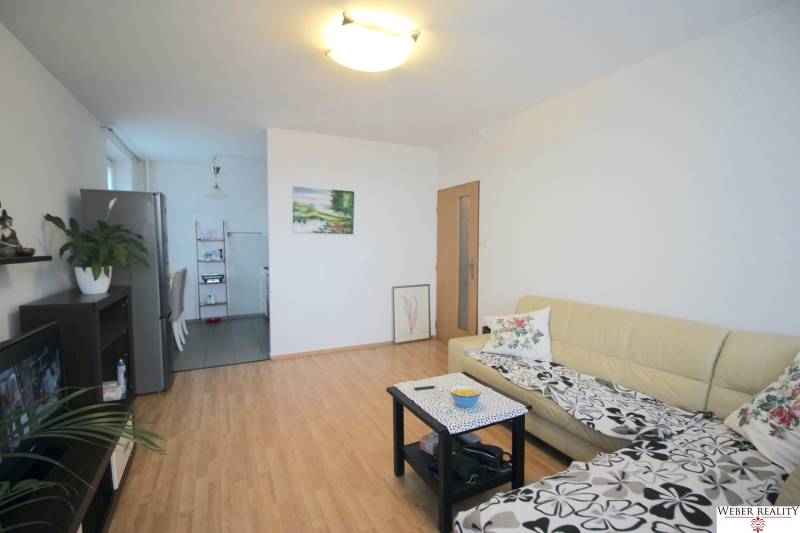 Living room of a 3-room apartment with a sofa, table, and open kitchen.