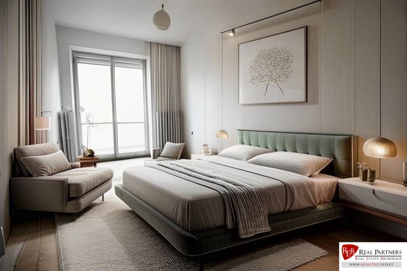 Bright bedroom in a 3-room apartment with a large comfortable bed and an armchair.