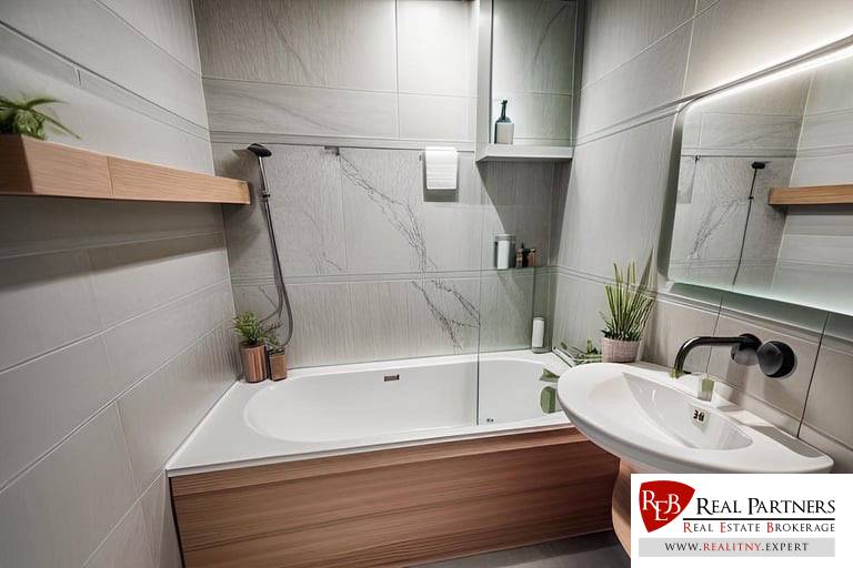 Bathroom in a 3-room apartment with a shower, bathtub, sink, and decorative elements.