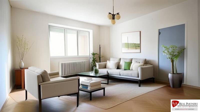 A bright living room with a sofa, an armchair, and plants in a three-room apartment.