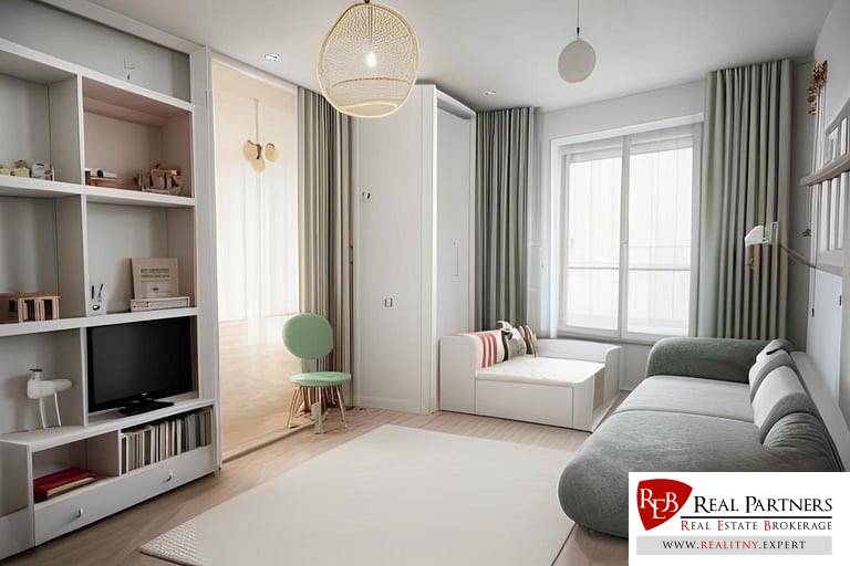 Living room in a three-room apartment with a sofa, bookshelf, and large window.