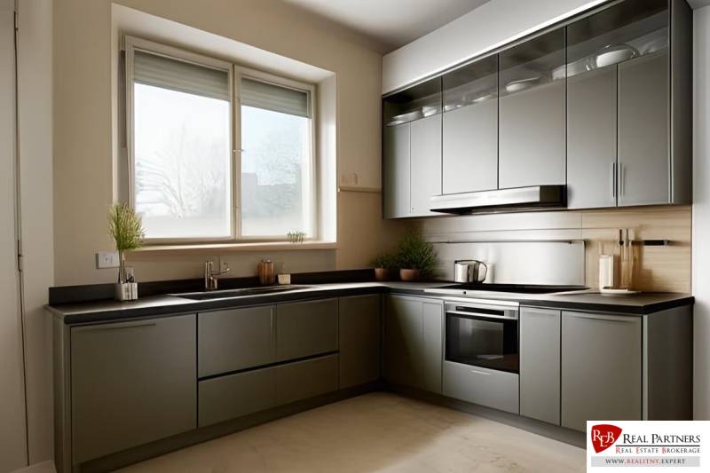 Gray kitchen with a window, sink, and built-in ovens in a 3-room apartment.
