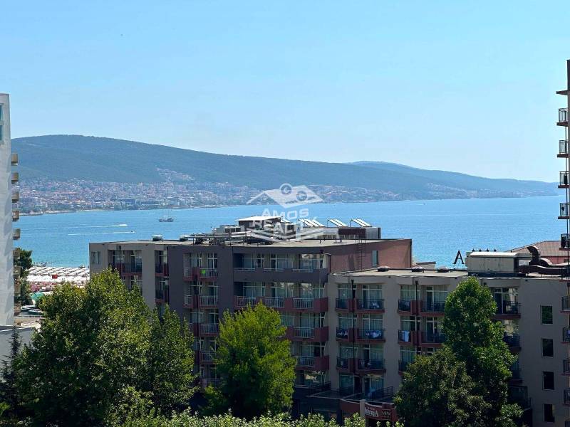A view of a holiday apartment in Sunny Beach with a panorama of the sea and mountains.
