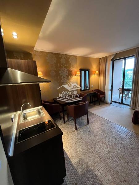 A recreational apartment with a kitchenette, dining area, and balcony offers a bright and pleasant stay.