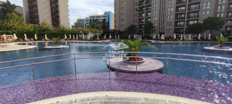 A swimming pool at the apartments on the Sunny Beach surrounded by sunbeds and greenery.