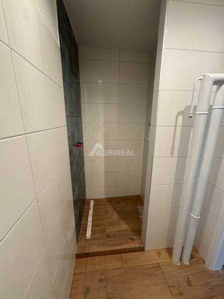 Bathroom in a 2-room apartment with a shower and wooden floor.