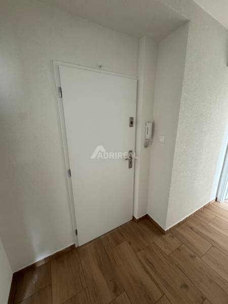White doors in a 2-room apartment with wooden flooring and an intercom.