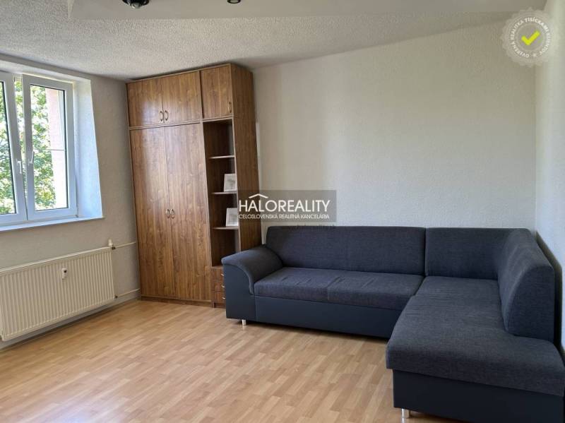 A simple and bright one-room apartment with a sofa, wardrobe, light floor, and window.