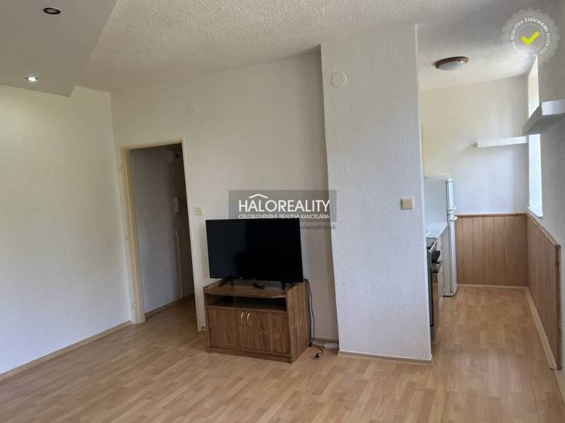 Living room in a studio apartment with a TV, dresser, door, and light near the kitchen.
