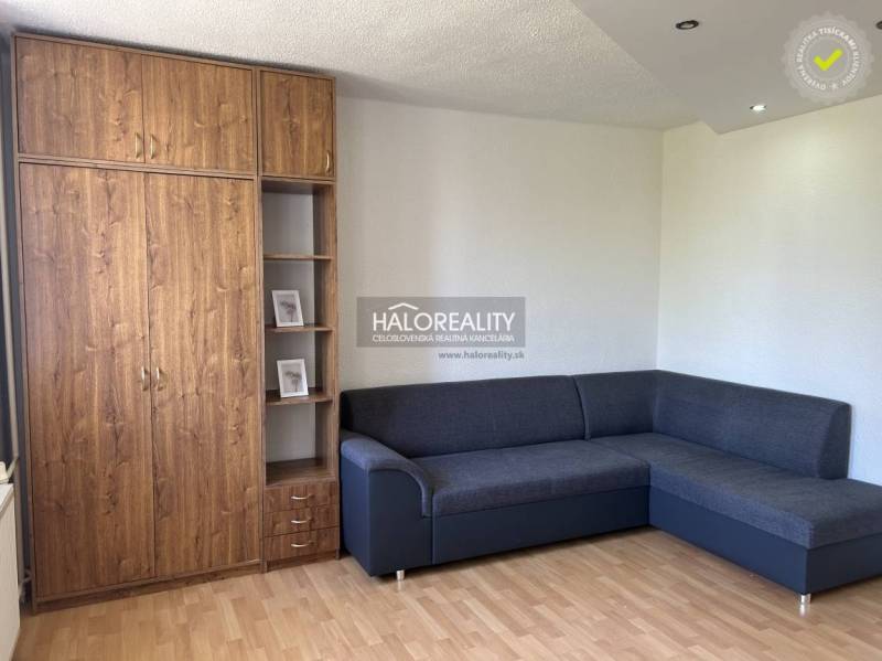 A sofa and a wooden wardrobe in a studio apartment with a parquet floor.