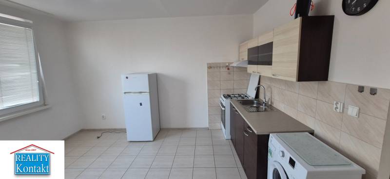 Kitchen corner with a refrigerator, washing machine, and cabinets in a studio apartment.
