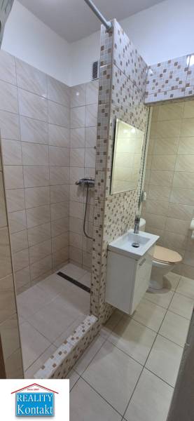 Bathroom in a studio apartment with a shower and a sink, featuring modern tiles.