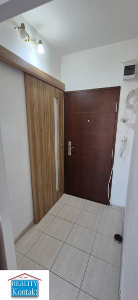 Entrance hall with wooden doors and tiled floor in a studio apartment.