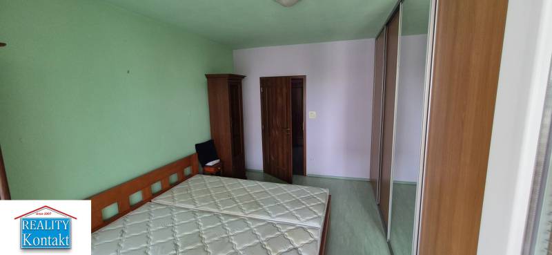 A bedroom with green walls, a wooden bed, and a large built-in wardrobe in a studio apartment.