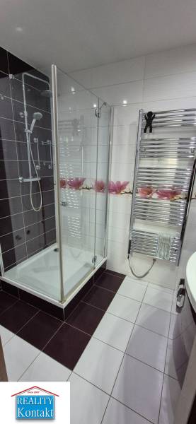 Bathroom in a studio apartment with a shower and decorative tiles.